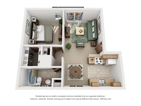 Floor plan for 1 bed, 1 bath, 650 sqft